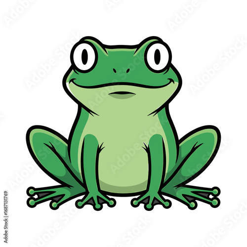 A cheerful cartoon frog sits, displaying a friendly expression.