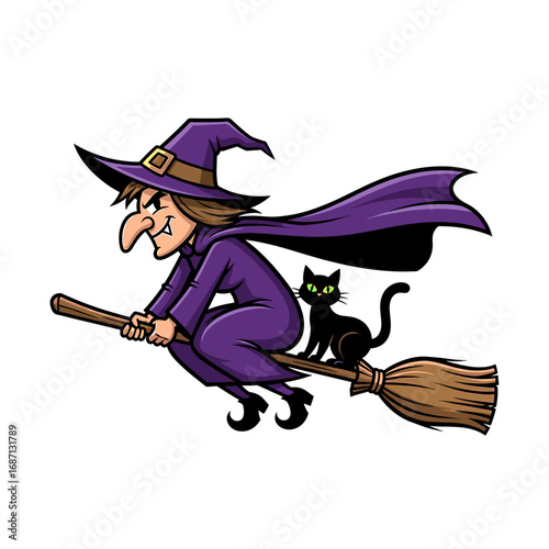 A cartoon witch with a crooked nose and black cat flying on a broom.