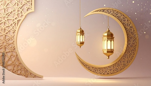 Golden crescent moon with lanterns in a patterned scene