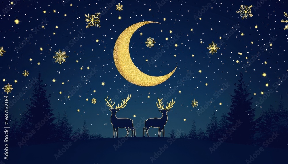 Naklejka premium Magical Christmas Eve: Golden Moon, Reindeer, and Sparkling Night Sky