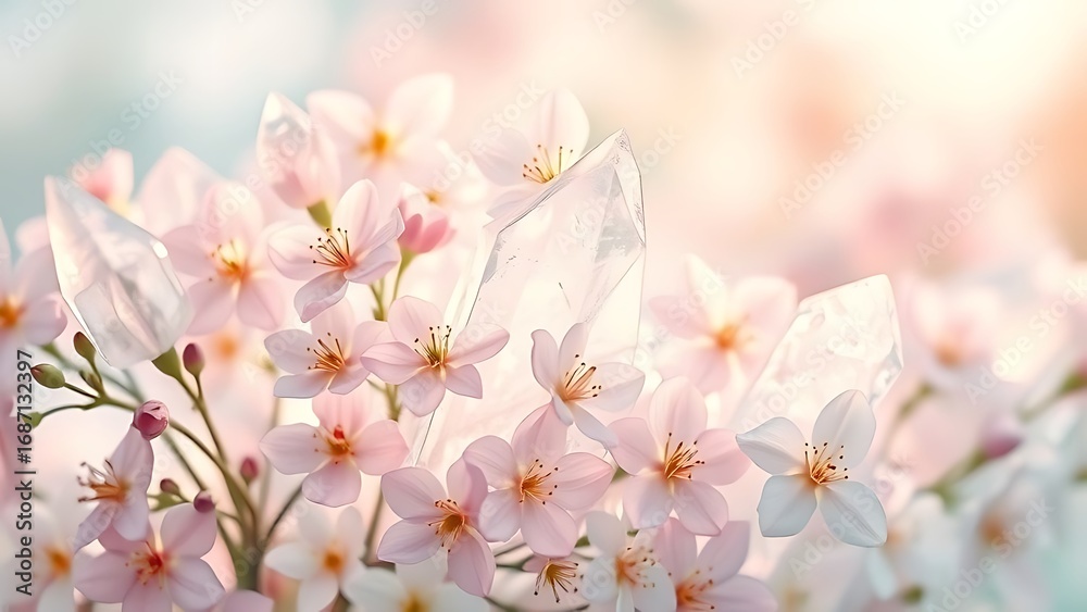 Naklejka premium Pink Cherry Blossom Flowers with Clear Quartz Crystals in Soft Light