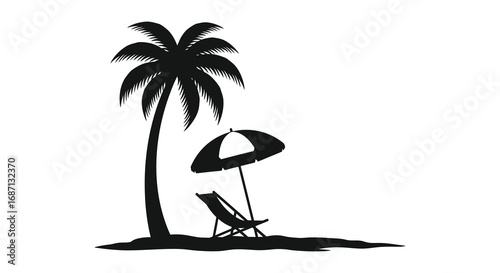 a serene beach scene with palm tree umbrella and chair