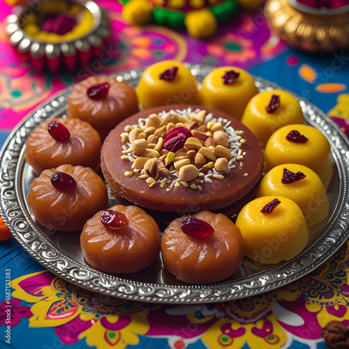 Indian Sweets Platter:  A Festive Collection of Motichoor Ladoo and Patisa for Diwali and Other Celebrations