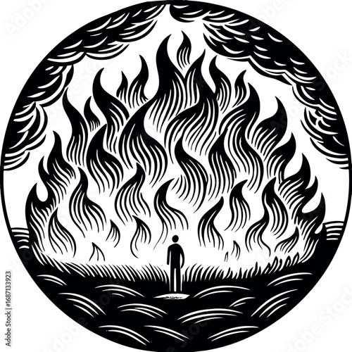 A solitary figure witnesses a roaring blaze consuming the land fire inferno