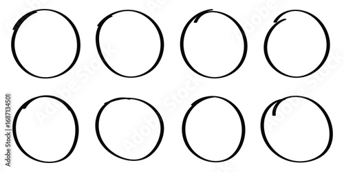 Hand drawn circle highlighter line sketch set. Vector marker circular lines, doodle round circles for message note mark design element. Round freehand shapes, emphasis highlights.