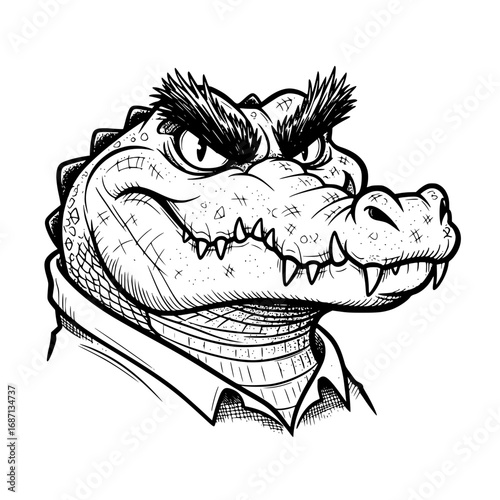 An anthropomorphic alligator, drawn in detailed monochrome, exuding a stern and imposing presence through its sharp eyes and formidable brow. vector illustration
