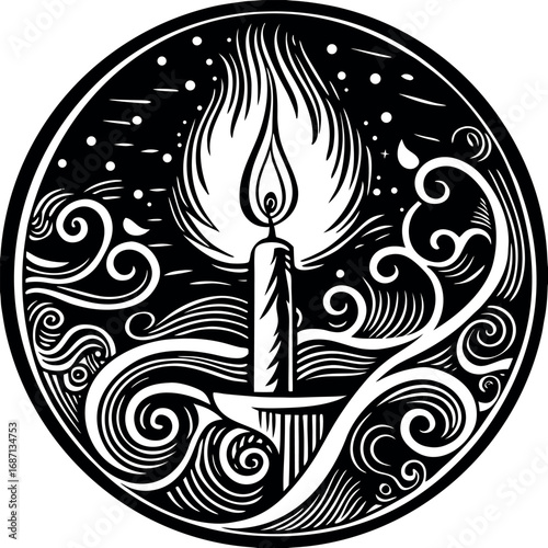 Stylized candle flame with swirling decorative elements fire light