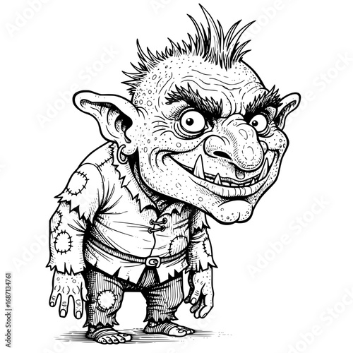 A comical illustration of a mischievous troll with a quirky grin and untamed hair. He's a delightful embodiment of fantasy and playful charm. vector illustration