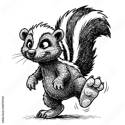 A cheerful cartoon skunk is walking happily, with its distinctive striped markings and lively demeanor, evoking a sense of playful wonder.  vector illustration
