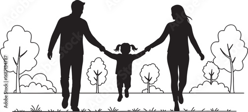 Family with daughter swinging hands in park silhouette