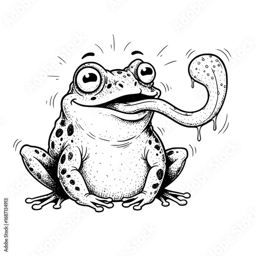 A whimsical illustration of a jovial frog sticking out its long, sticky tongue in a moment of playful glee. The bold, clean lines and expressive details capture the lively character of the amphibian.