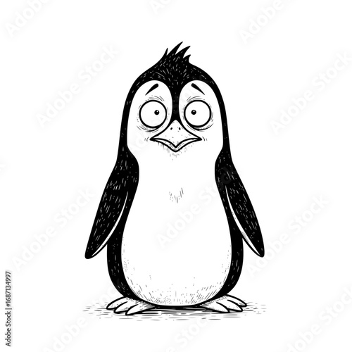 A quirky cartoon penguin with oversized, expressive eyes, his posture conveys a sense of innocent bewilderment. vector illustration