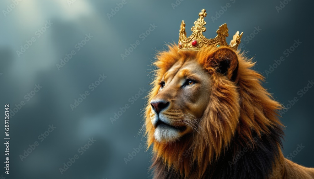 Naklejka premium title: king of the beastscreate a powerful and majestic image featuring a lion as the focal point, the lion should be depicted with a golden crown on its head