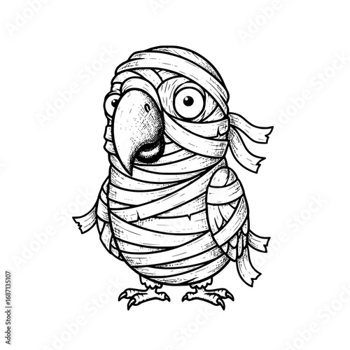 A quirky cartoon parrot has been wonderfully transformed into a spooky mummy, and it looks as if he is ready to take a flight. vector illustration