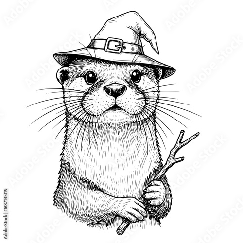A captivating ink illustration showcases an otter adorned with a whimsical witch's hat and clutching a wand. A whimsical touch of magic meets the adorable charm of the river creature.