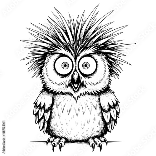 An expressive owl character with a unique hair style with big eyes, hand-drawn line art on a clean aesthetic, ready to bring a bit of humor. vector illustration