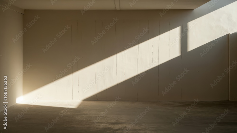 Obraz premium Sunlight streaming diagonally across an empty room with white walls and concrete floor shadow
