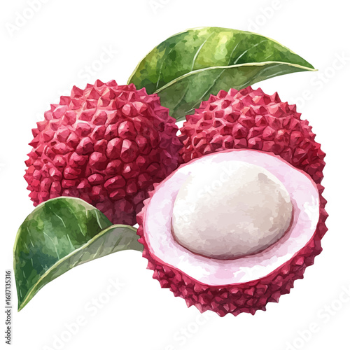 Lychee, watercolor drawing vector, isolated on a white background.