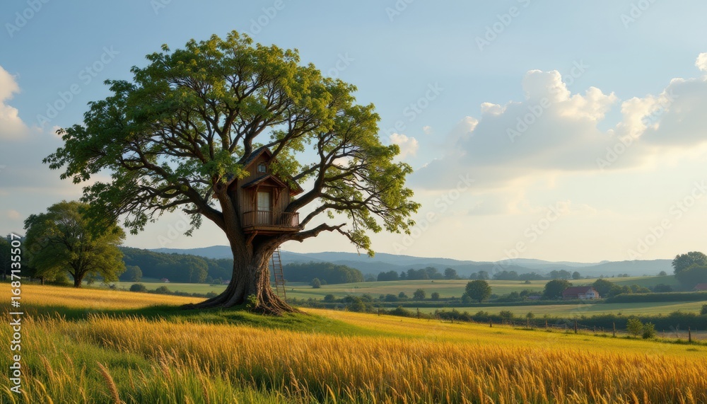 Obraz premium a serene countryside landscape features a unique tree house standing tall, inviting viewers to imagine themselves perched among the leaves
