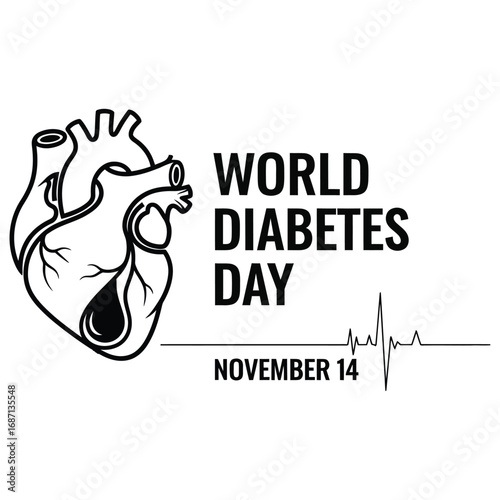  World Diabetes Day Poster with Anatomical Heart Line Art and ECG, November 14 Healthcare Awareness