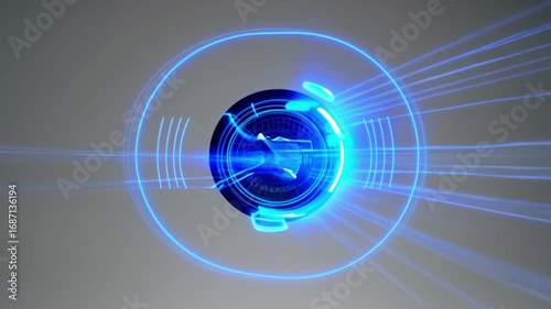 Futuristic Blue Holographic Interface with Circular Design Elements and Glowing Lines Creates High Tech Digital Feel as Glowing Blue Circular Object Emits Radiant Light Against Neutral Background
