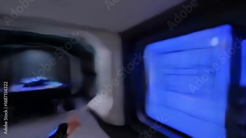 Futuristic Minimalist Interior Smooth White Walls Soft Lighting Create Sleek Modern Atmosphere with Corridor Leading to Room Featuring Glowing Blue Display Enhancing Sci Fi Feel