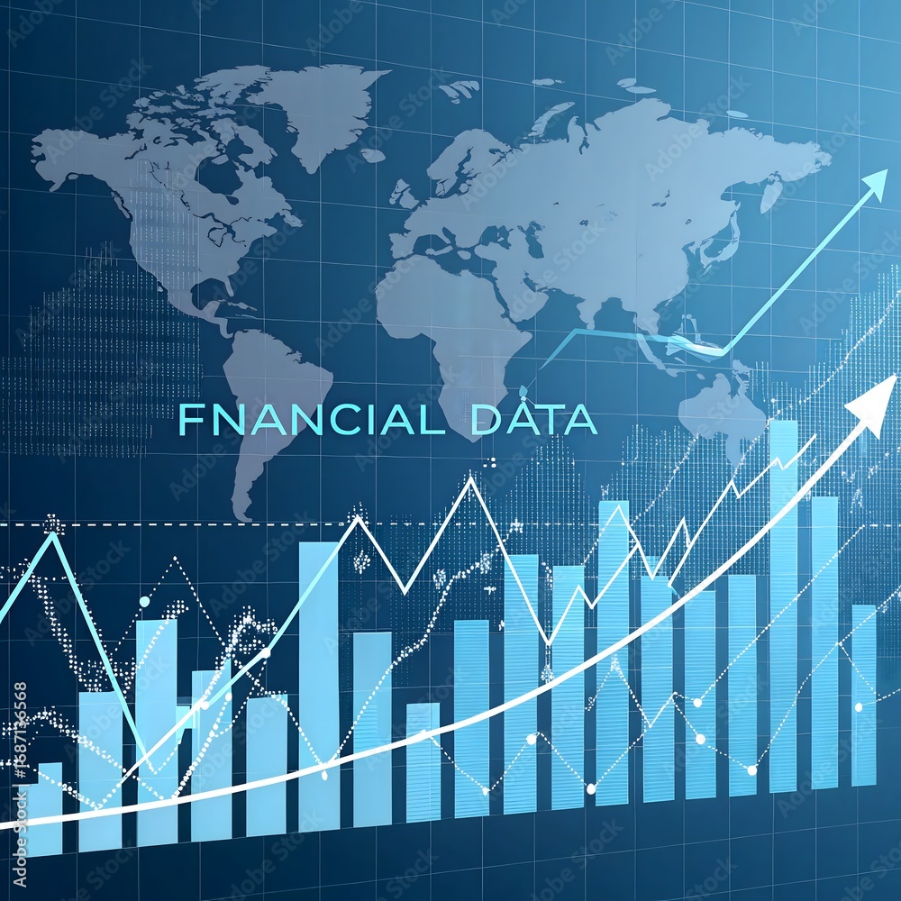 Naklejka premium Abstract financial growth background with rising bar and line graphs, world map overlay, and upward arrows. Modern business data visualization in blue tones with golden highlights, symbolizing success
