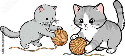 Kittens playing with yarn balls silhouette