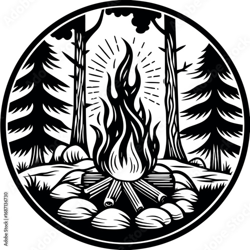 Glowing campfire in a forest clearing surrounded by trees and rocks nature night