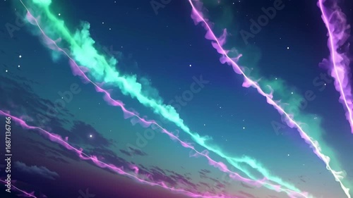 Mesmerizing and Ethereal Aurora Lights Vibrant Green and Purple Streaks Across Starry Night Sky Creating Surreal Atmosphere with Colorful Hues Against Deep Blue Backdrop and Clouds