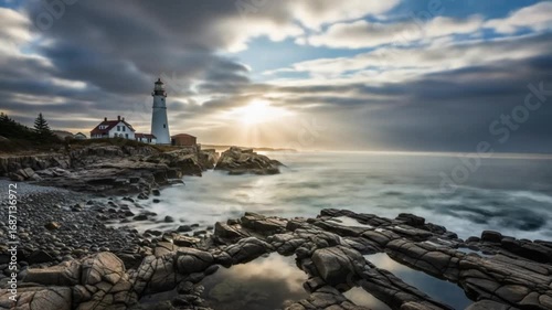 Dramatic Seaside Lighthouse with Rocky Shore and Clouds