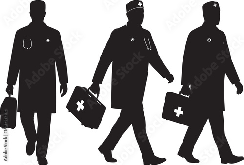 Doctors walking with medical bags silhouette