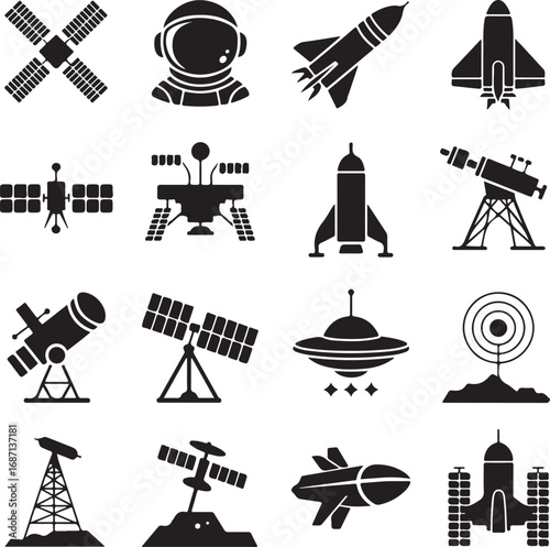 Space exploration and technology icons including satellites and rockets Keywords: satellite