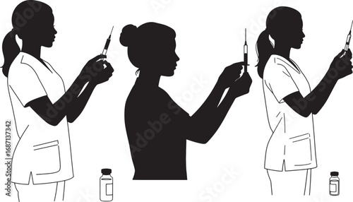 Nurses preparing injections silhouette