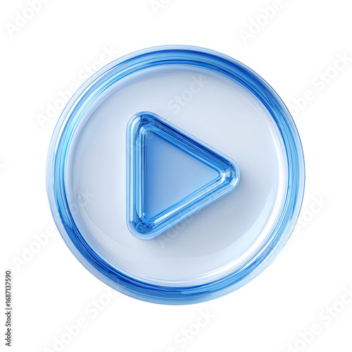 3D rendered, translucent blue play button.  Glossy, circular, and outlined