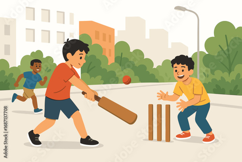 Children playing cricket in the city park