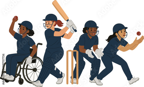 Diverse cricket players in action, including wheelchair user