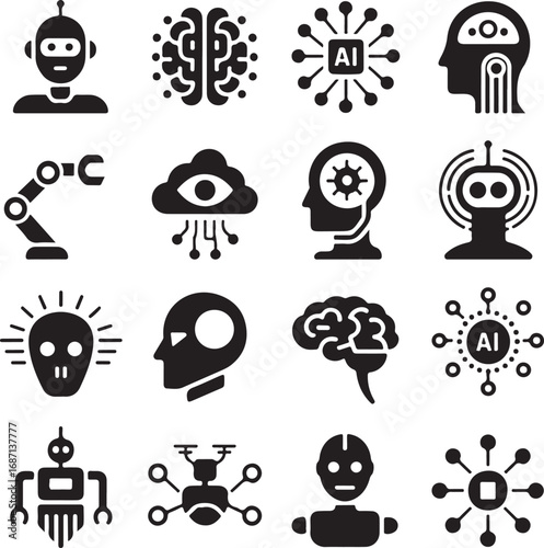 Artificial intelligence and robotics icons with brains and robots Keywords: AI, artificial