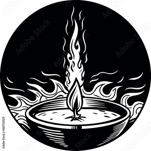 A stylized black and white depiction of a flame rising from a bowl fire wick