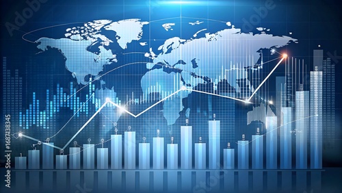 Abstract financial growth background with rising bar and line graphs, world map overlay, and upward arrows. Modern business data visualization in blue tones with golden highlights, symbolizing success