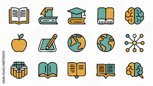 Colorful outline icon set for education and e-learning, featuring symbols for study, knowledge, school subjects, and online courses