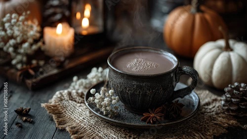 Wallpaper Mural Cozy Hot Chocolate in Rustic Setting with Candles, Decorative Pumpkins, and Autumn Flowers Creating a Warm Ambiance for Fall Season Torontodigital.ca