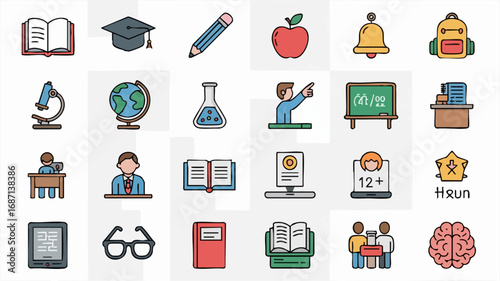 Colorful flat line icon set for education, school, and e-learning. Collection of symbols representing knowledge, study, and academic subjects like science and literature