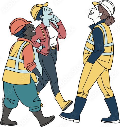 Diverse group of women construction workers laughing and walking together outdoors