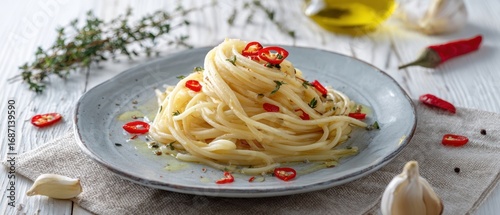 The delicious plate of spaghetti garnished with fresh herbs and chili.