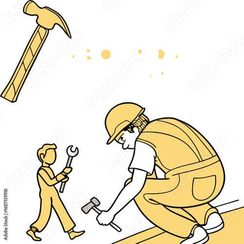 Happy labour day this year with construction workers and tools illustration