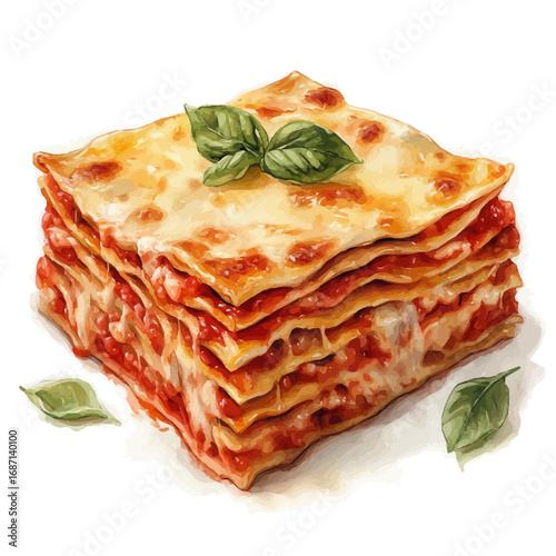 Lasagna, watercolor vector, isolated on a white background.
