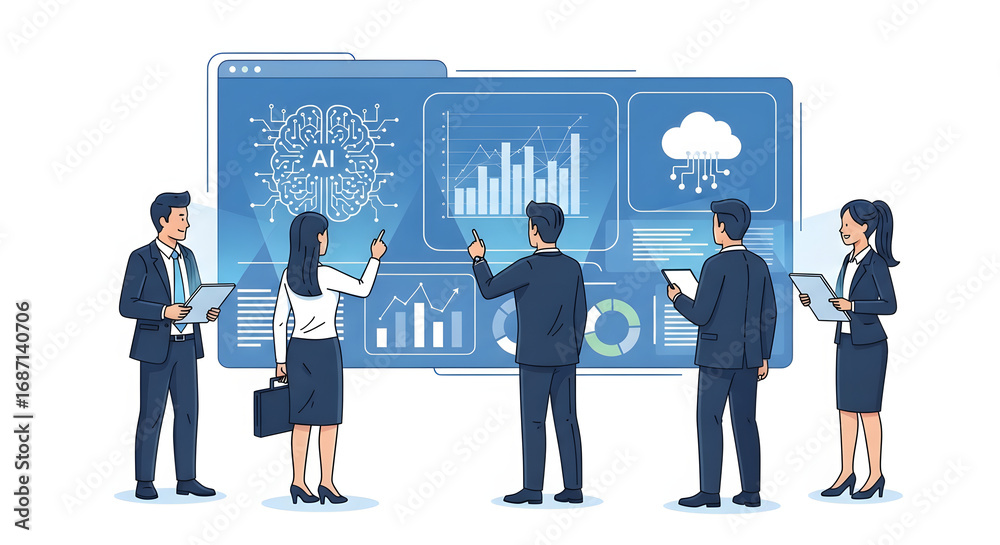 Fototapeta premium Business Technology and Artificial Intelligence Vector Illustration – Data Analytics, Cloud Computing, and AI Innovation Design