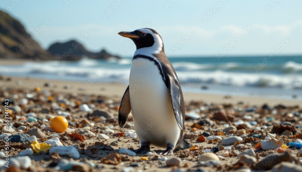 Naklejka premium create a captivating photo of a penguin standing on a beach filled with trash, surrounded by ocean pollution, under an electric blue sky