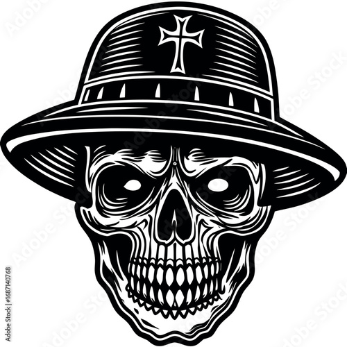 Stylized skull wearing a wide brimmed hat with a cross emblem skeleton